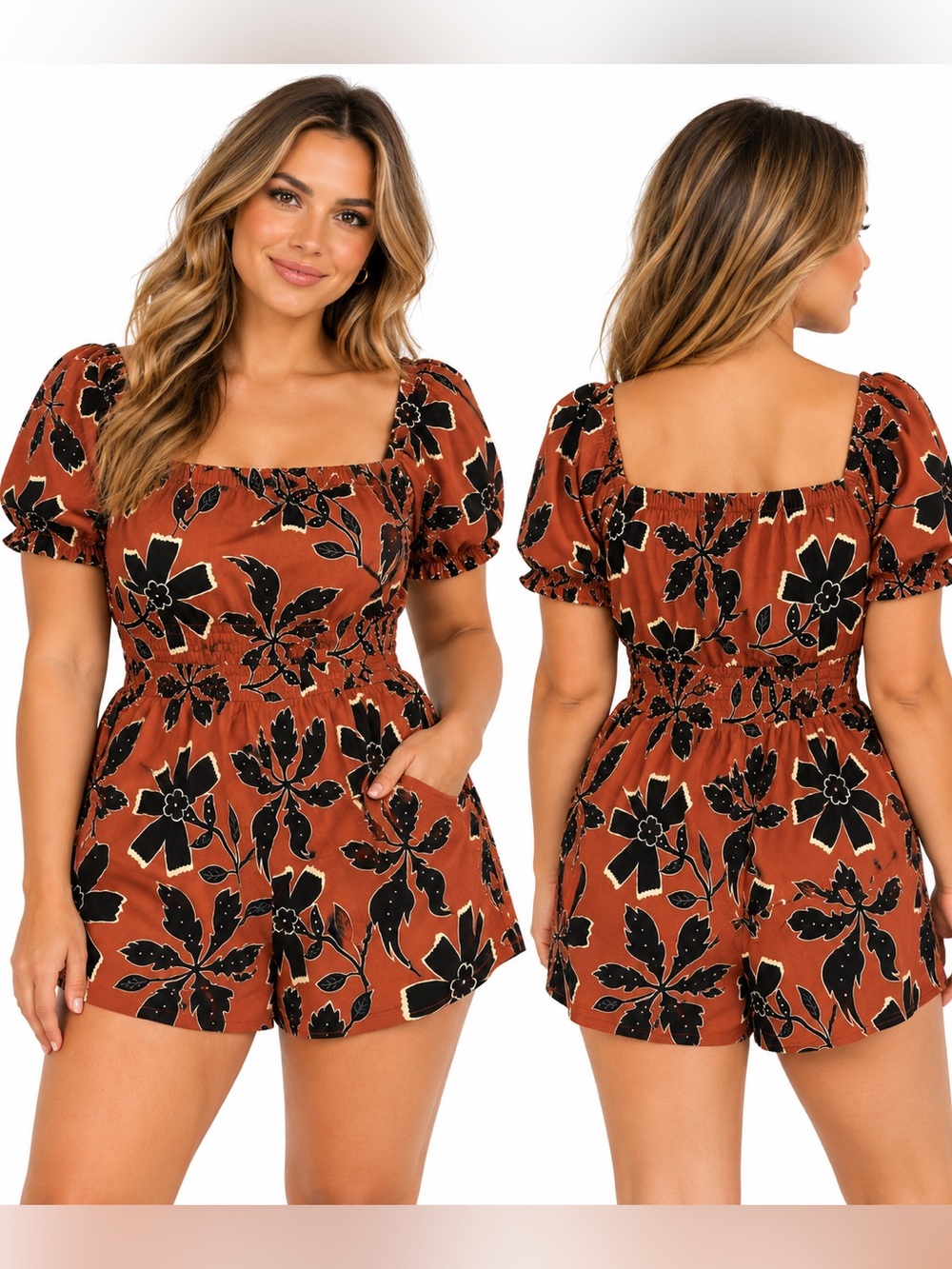 George XXL Rust Brown Black Floral Puff Sleeve Smocked Romper